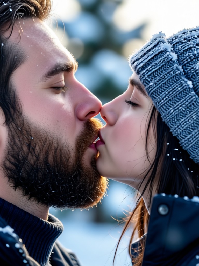 Cityscape winter kiss with twinkling lights
