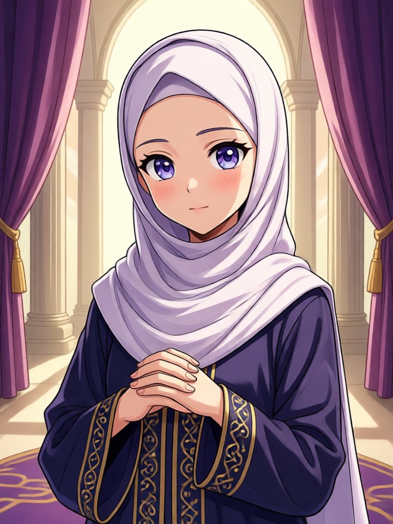 Young Muslim anime character with school uniform and hijab