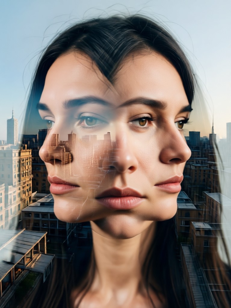 Artistic double exposure blending face with flowing water textures