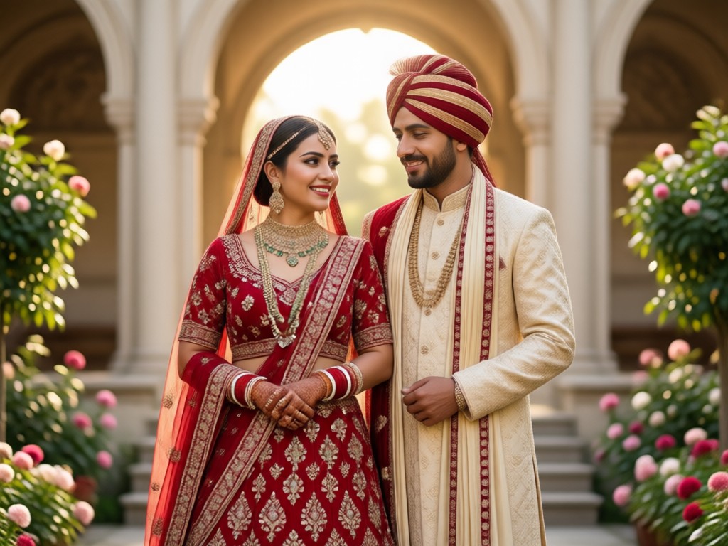 Berbagai gaya untuk Lehenga Sherwani Couple Photo Generator