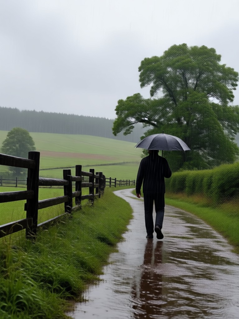 Anime style rainy countryside landscape AI