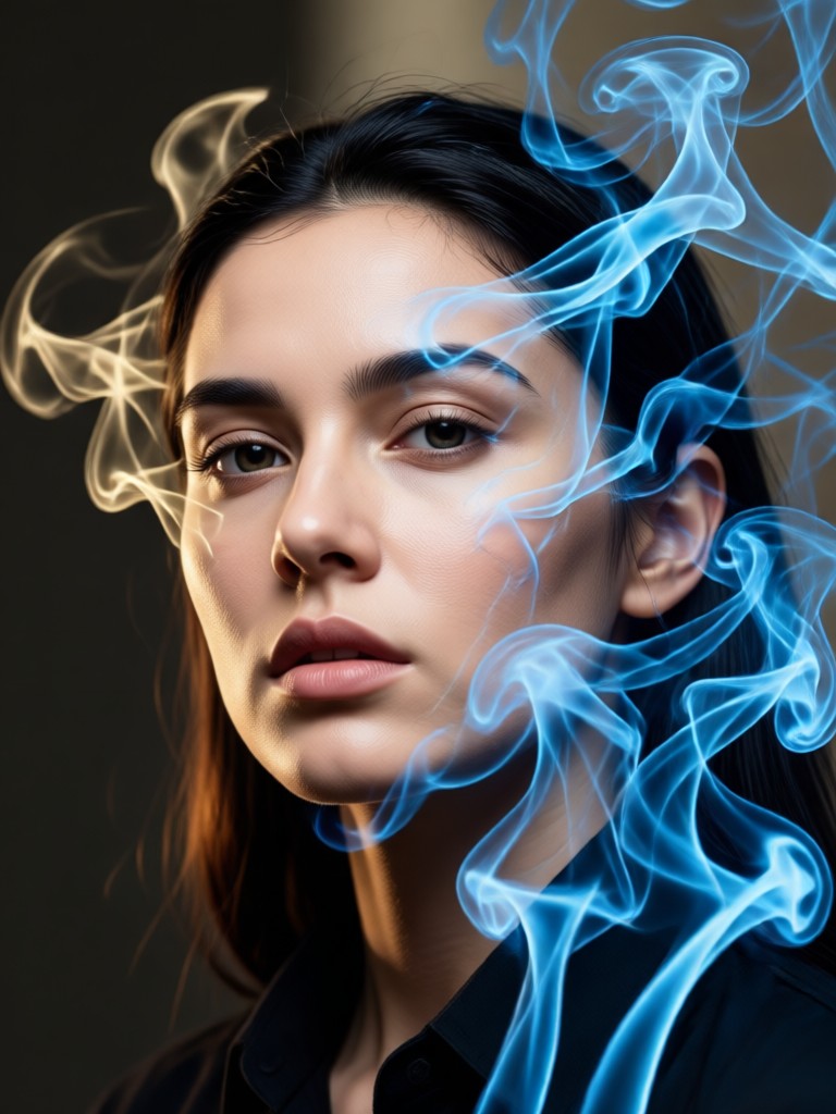 Female portrait enveloped in soft white mystic smoke
