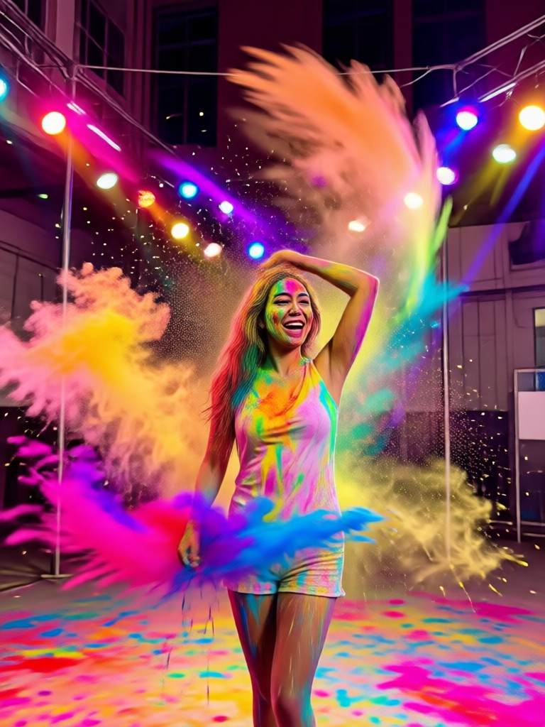 Portrait with subtle pink and yellow Holi AI color smears