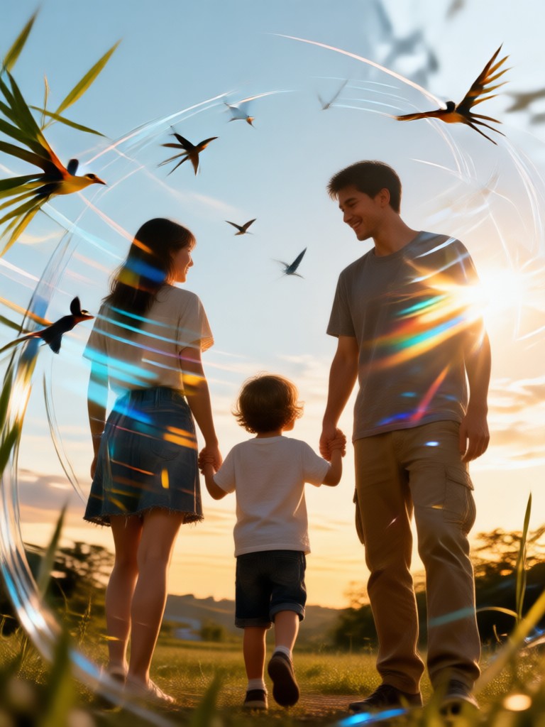 Family group portrait blended with city skyline