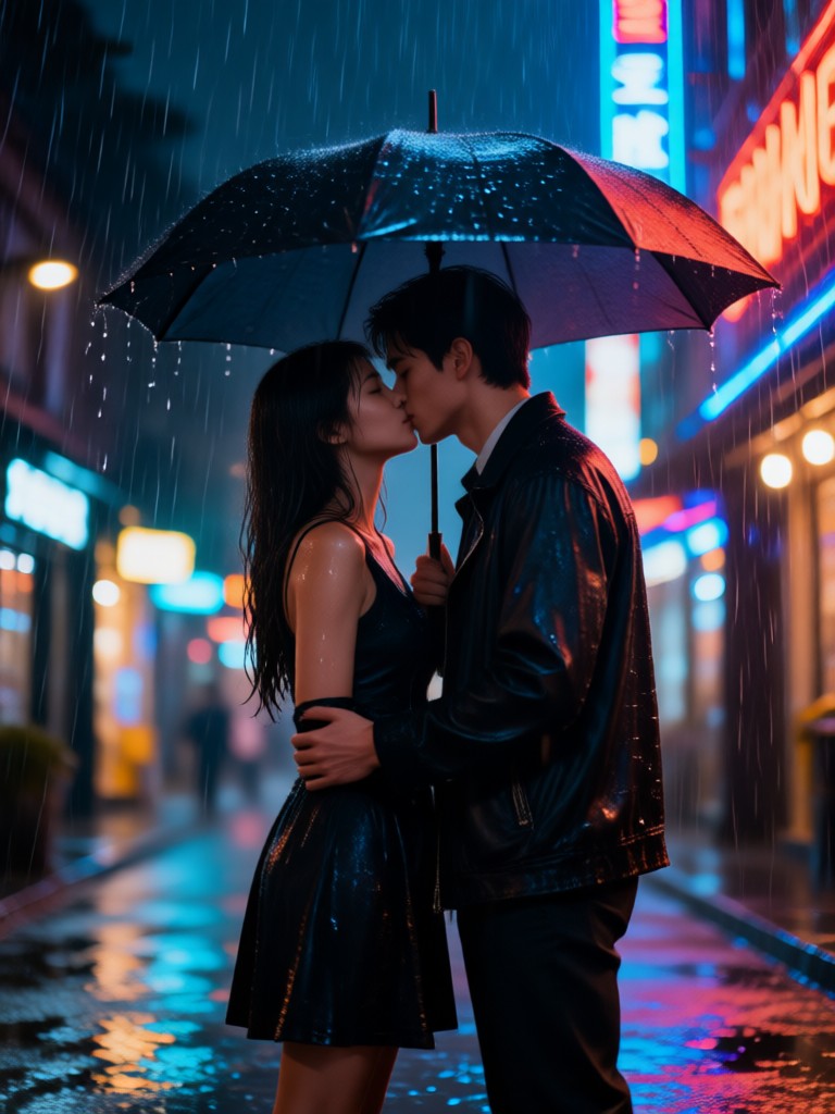 Gentle drizzle kiss effect with soft focus AI video