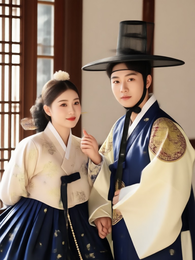 Black and white hanbok wedding photo artistic style