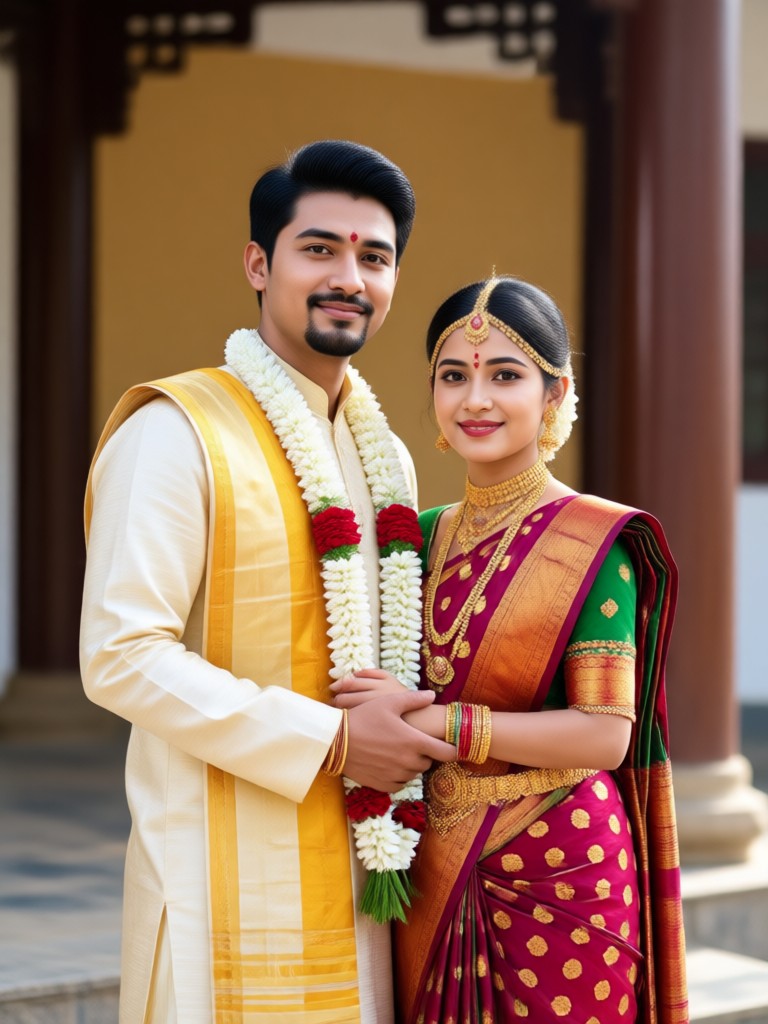 AI portrait of couple in traditional dhuti panjabi and saree