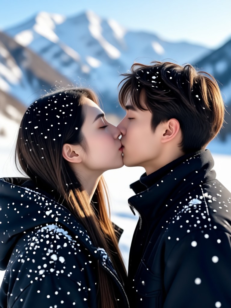 Kiss animation in a snowy forest