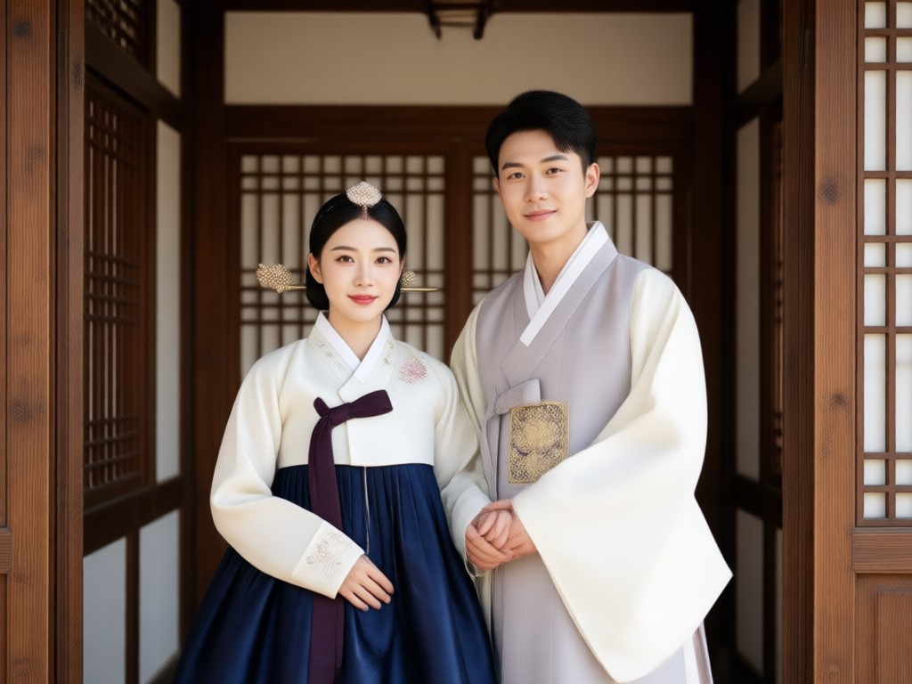 Hanbok couple in traditional Korean palace background