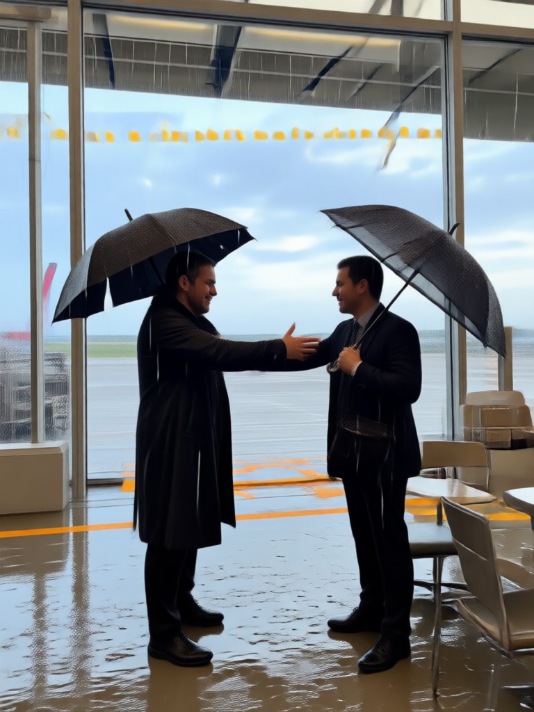 AI生成による映画的な空港雨の再会動画静止画