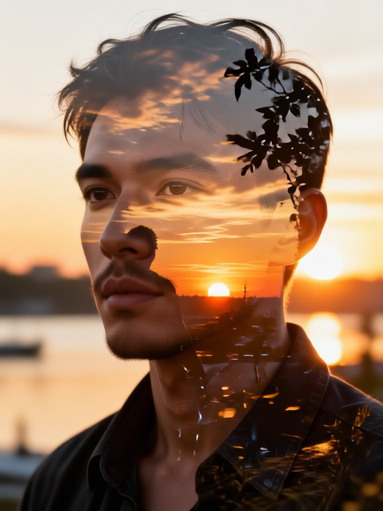 Retrato de mujer fusionado con un atardecer naranja
