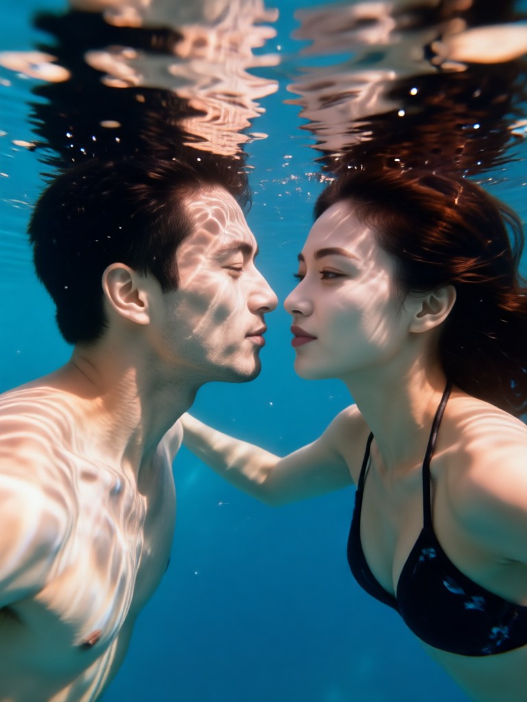 Retrato de pareja en agua oceánica clara con burbujas