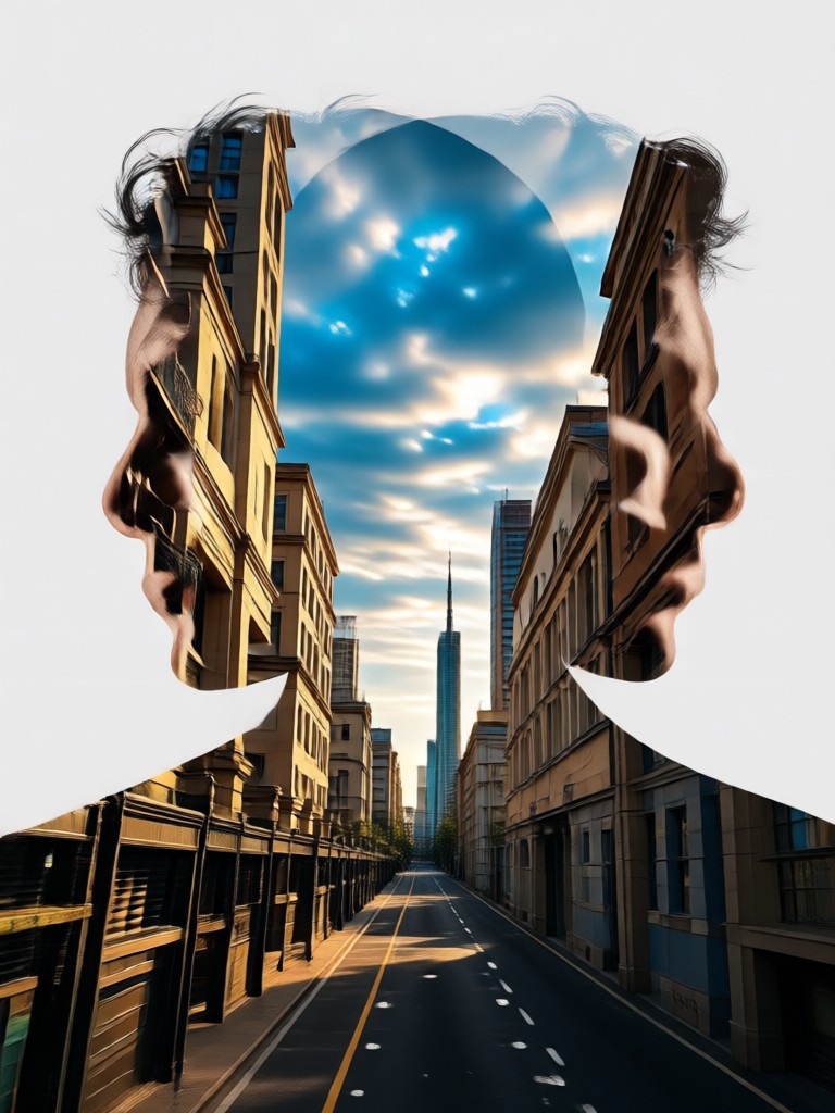 Silhouette merging with abstract geometric patterns