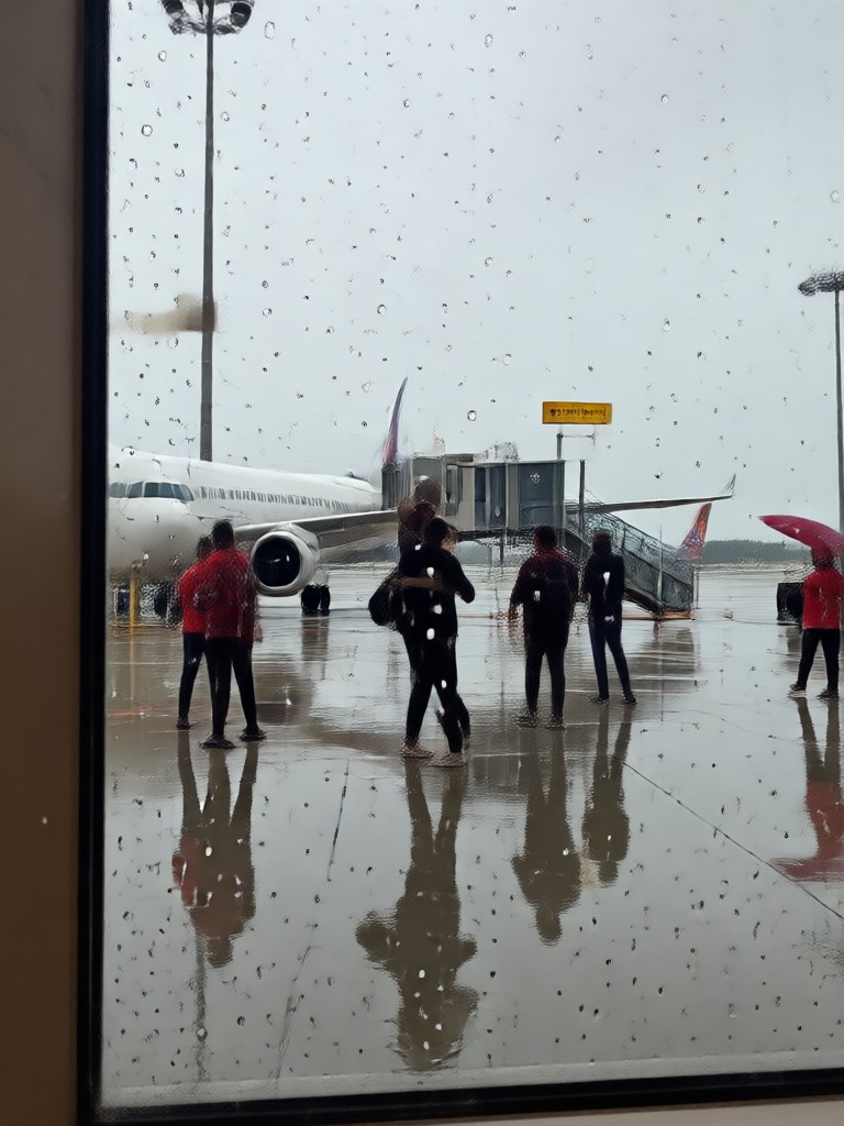 濡れた地面に空港の灯りが反射する力強い抱擁