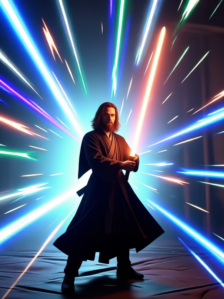 Duelo de sabre de luz Jedi com IA em uma floresta