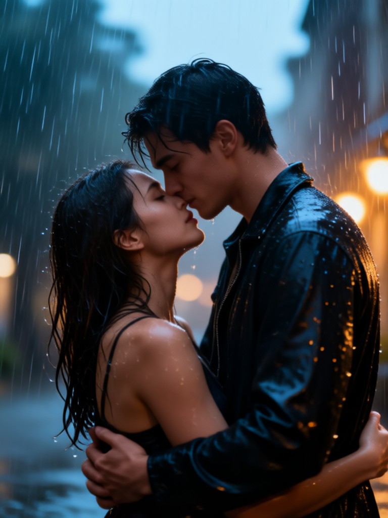 Cinematic couple cuddle with rain effect