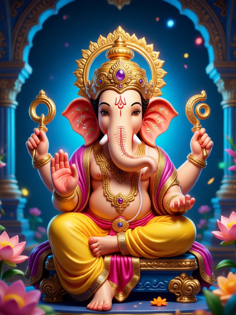 Ganpati in temple setting with diya lights