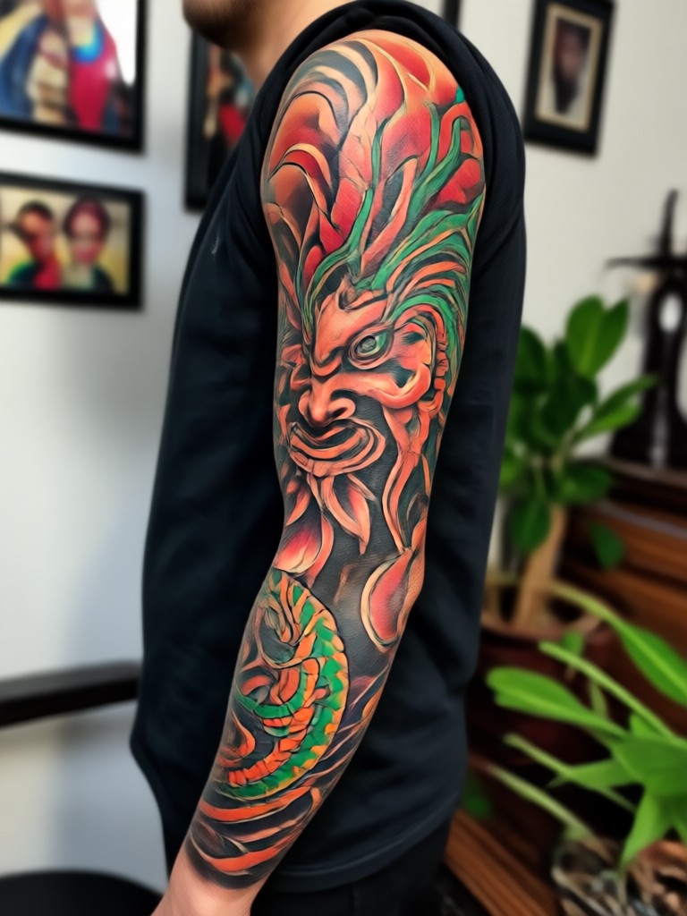 Colorful anime inspired sleeve tattoo