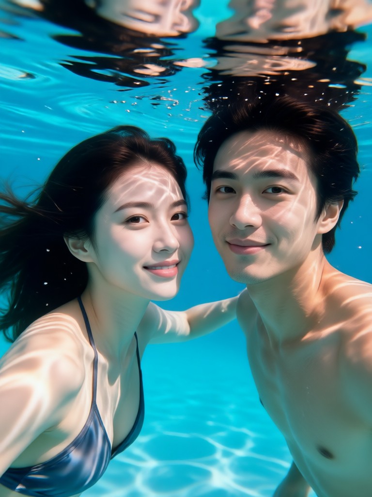 Mystical deep sea couple portrait with bioluminescence