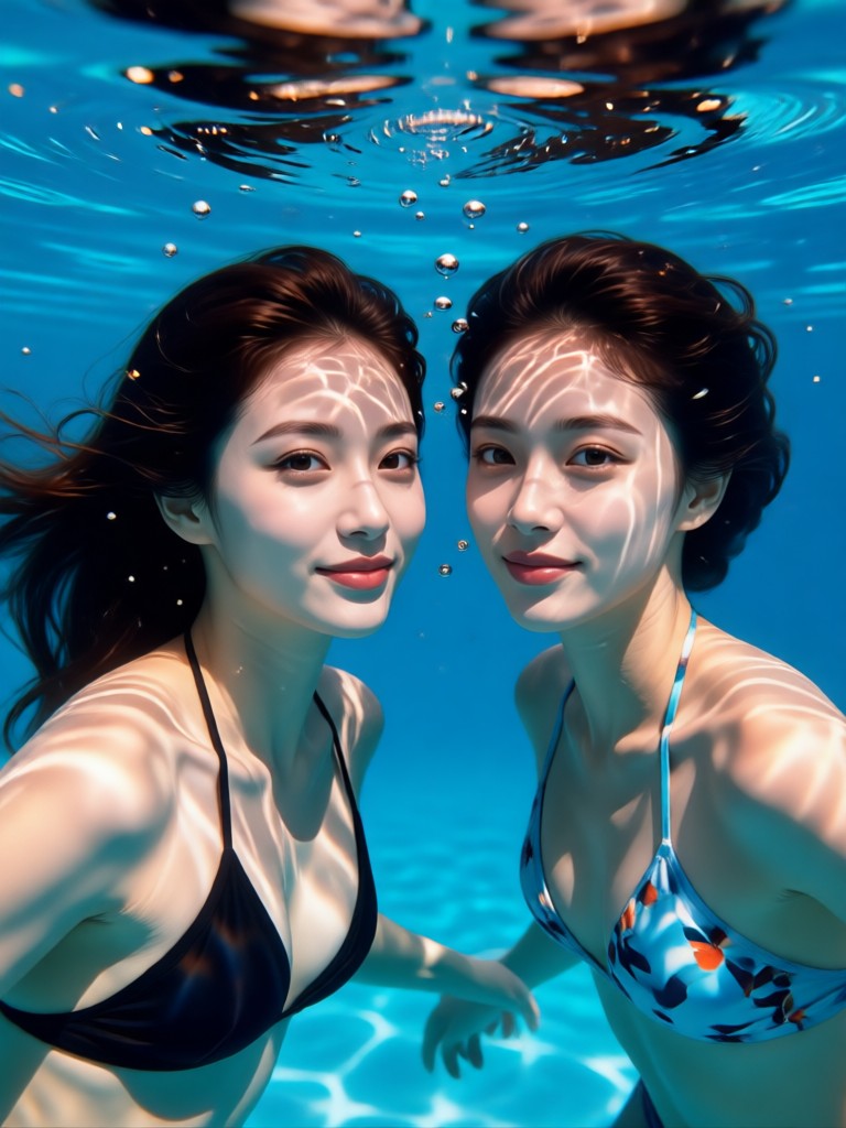 Dynamic couple portrait in turbulent underwater scene
