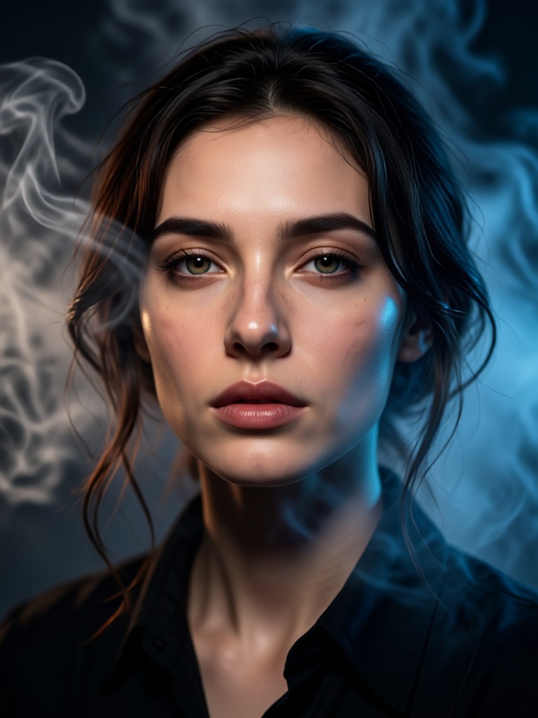 Retrato con iluminación lateral dramática y volutas de humo