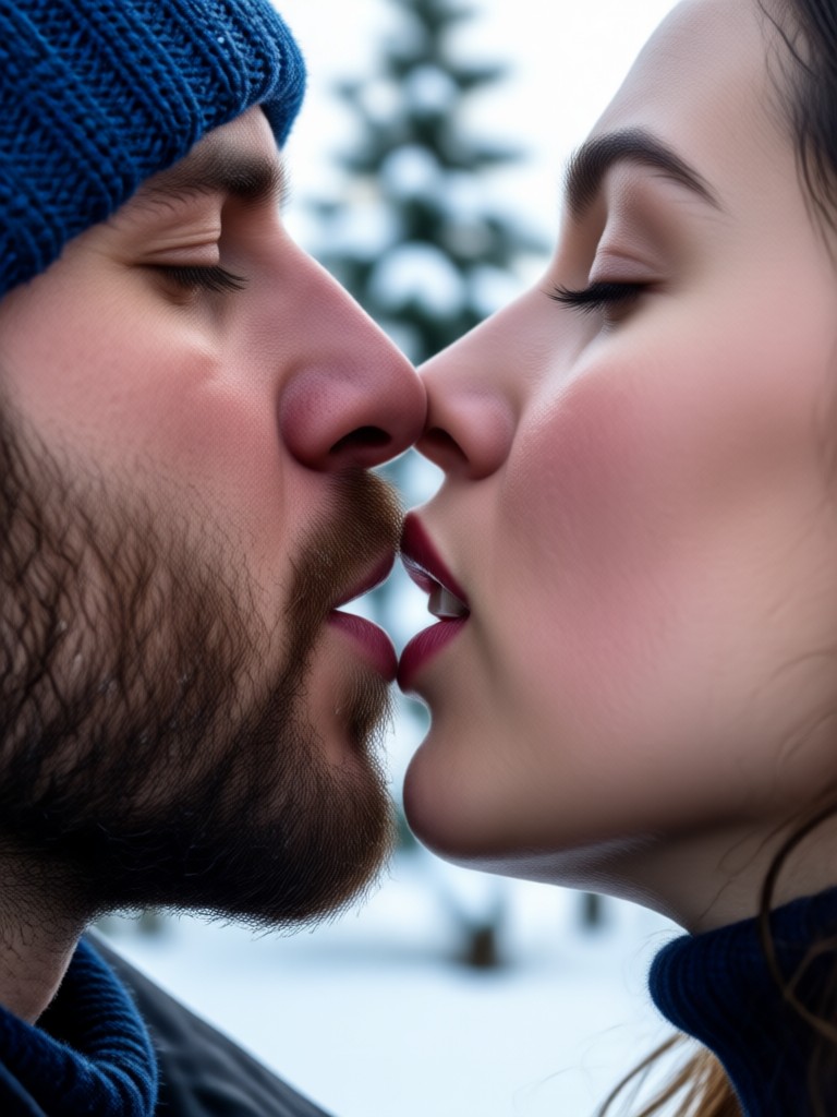 Magical kiss with floating snowflake effects