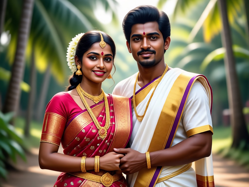 Kerala couple in traditional pose with cultural backdrop