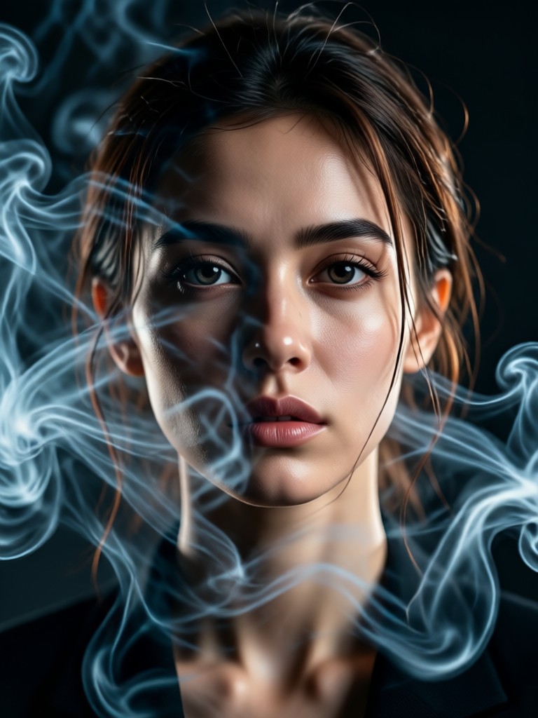 Portrait with ethereal blue smoke wisps