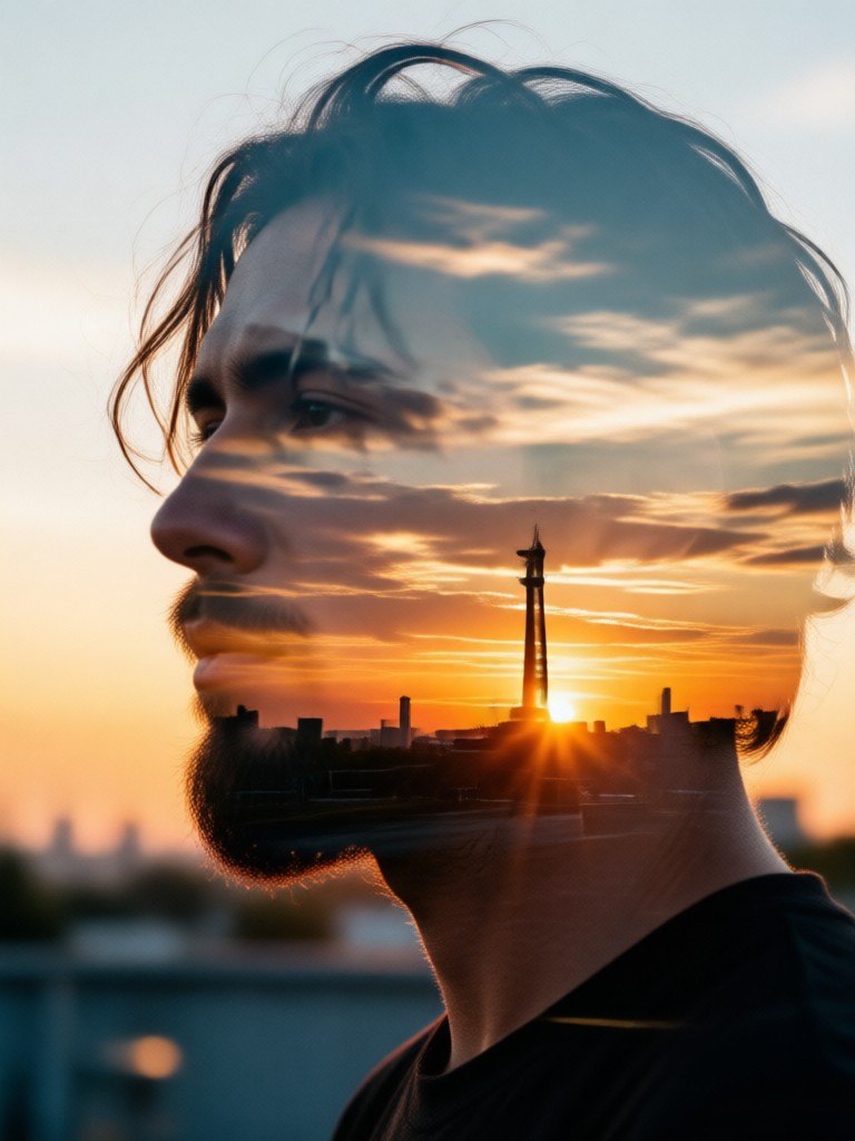 Doble exposición de silueta con atardecer púrpura