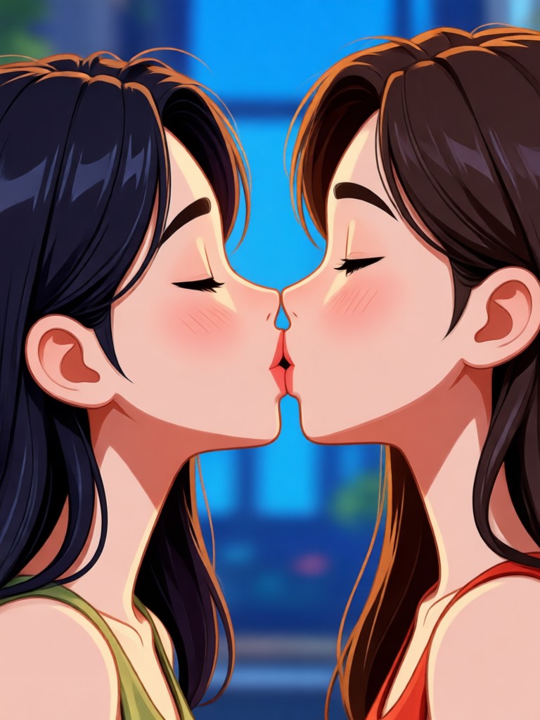 Cyberpunk themed couple sharing a futuristic kiss