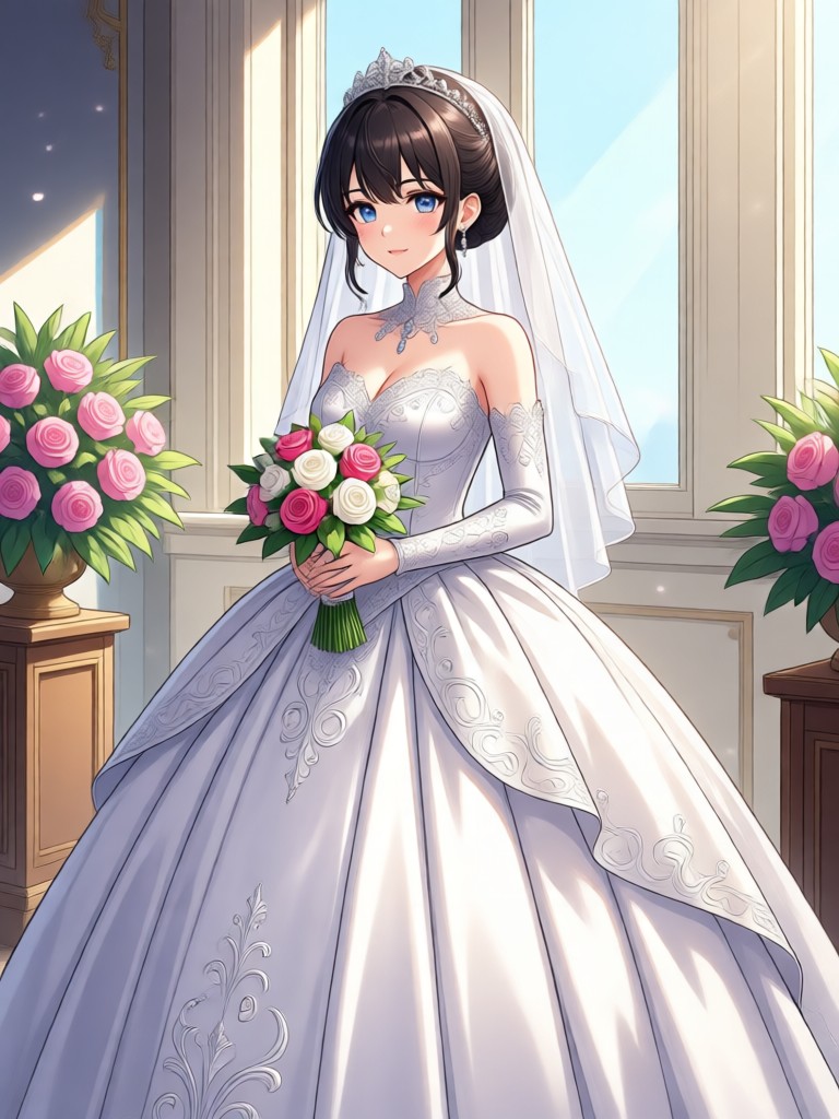 Royal anime bride character with tiara and cape