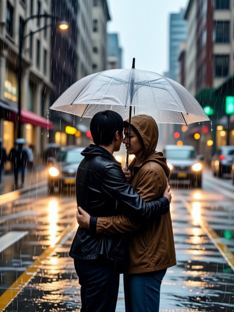 Couple hugging in gentle rain AI video