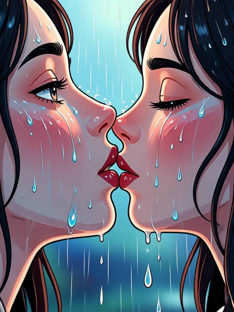 animated rainy wedding kiss moment