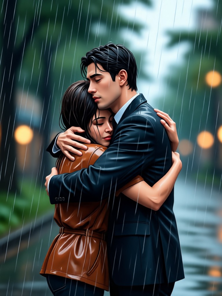 Cinematic slow motion rain hug effect