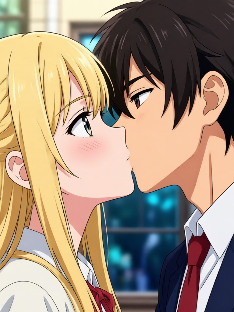 School romance anime kiss video