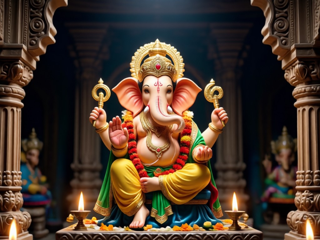 AI generated Ganesh Aarti with flowers and atmosphere