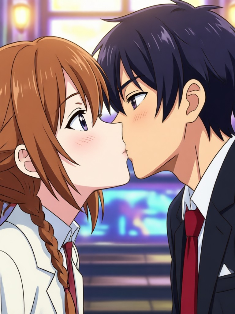 Epic romance scene, kiss with a sweeping background