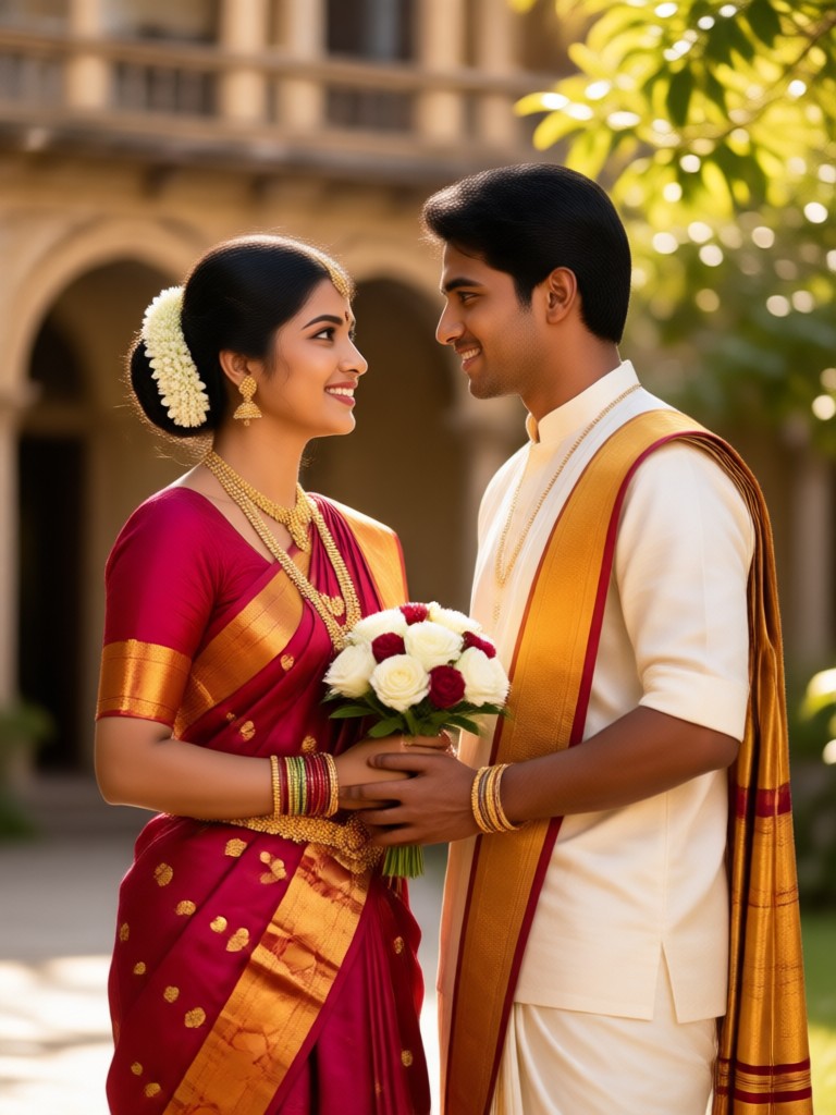 Desain veshti pengantin pria Tamil tradisional AI