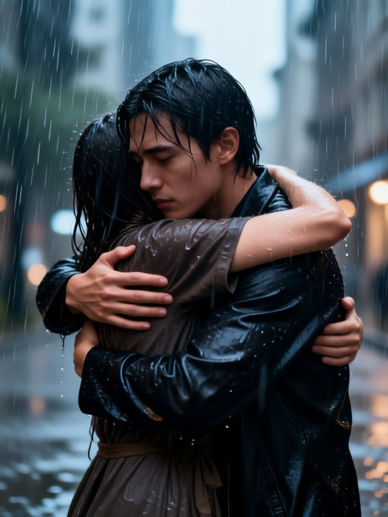 Fantasy style emotional rain embrace