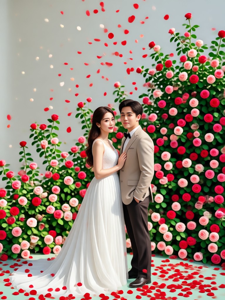 Dreamy photoshoot with white rose petals on bed