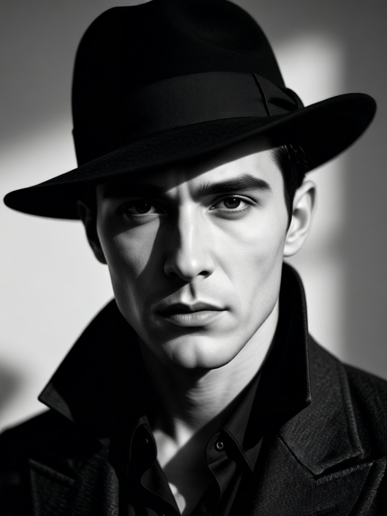Noir portrait of a detective with hat shadow