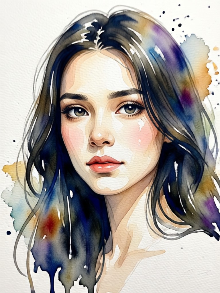 Dynamic watercolor portrait with splatter and drip effects
