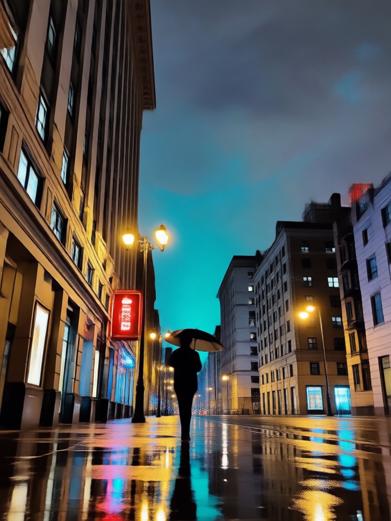 Viral style rain embrace with colorful light reflections