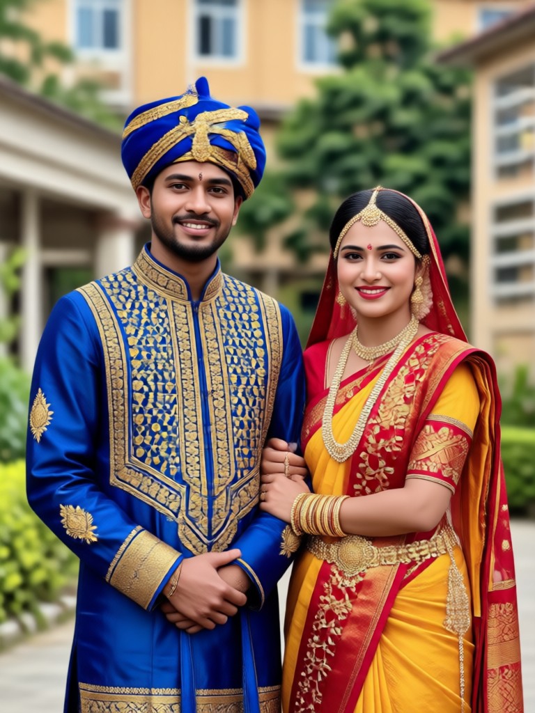 Simple cotton saree and kurta couple portrait AI creation