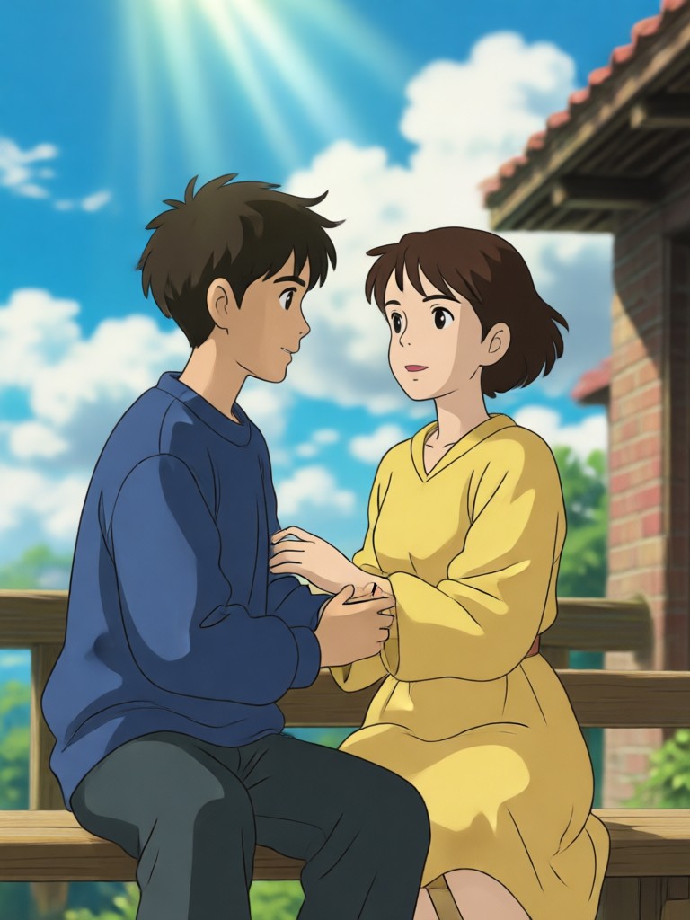 Anime-Paar in Ghibli-magischem Setting