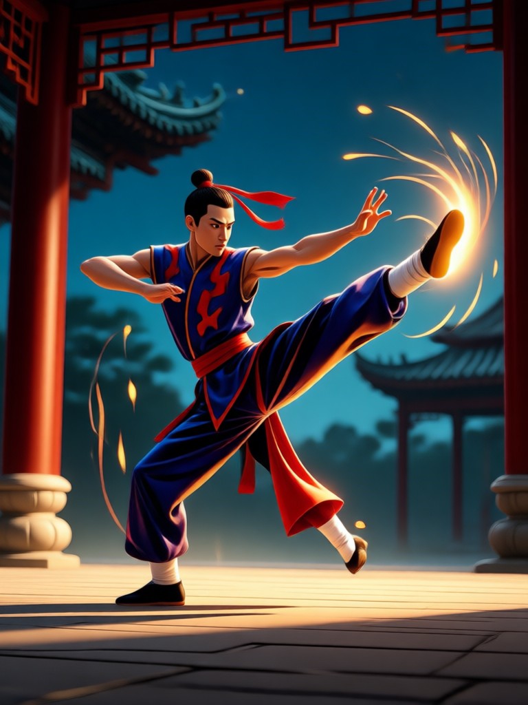 Mythical warrior using kungfu in a fantasy landscape