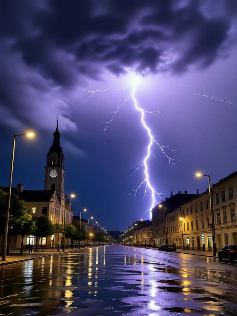 Dramatic thunderstorm embrace over a city skyline at night