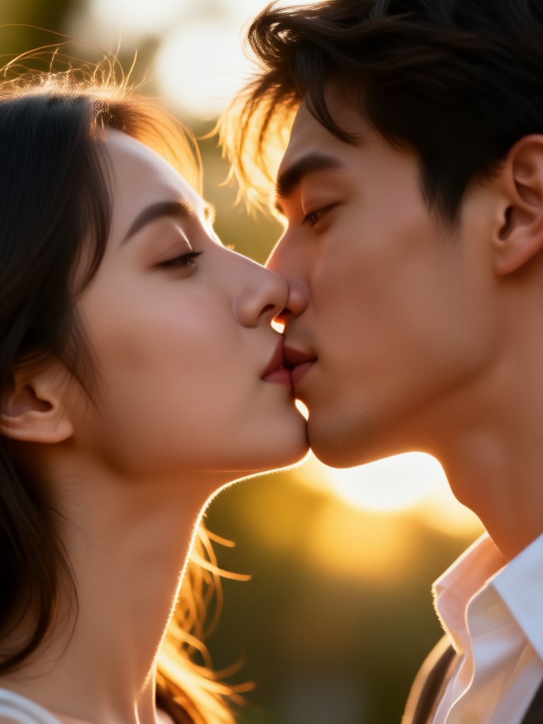 석양 바닷가 배경의 키스하는 커플