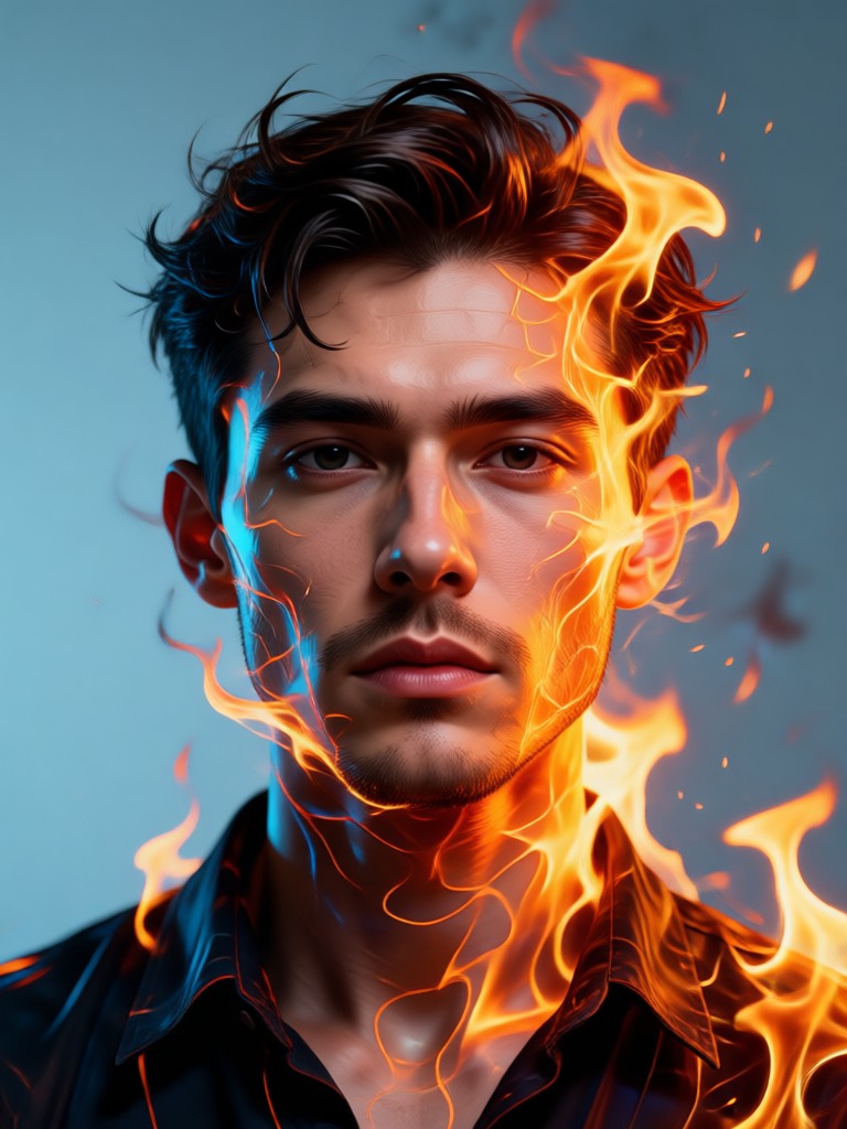 Portrait blended with digital pixel fire