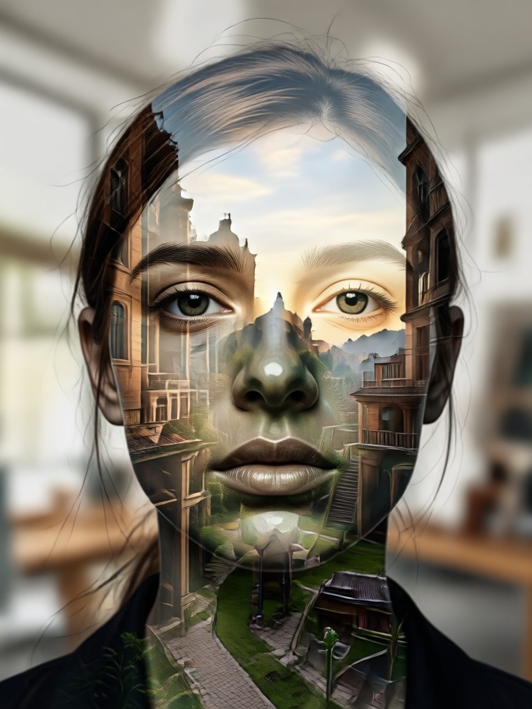 artistic blend of a thinker with library shelves and knowledge architecture